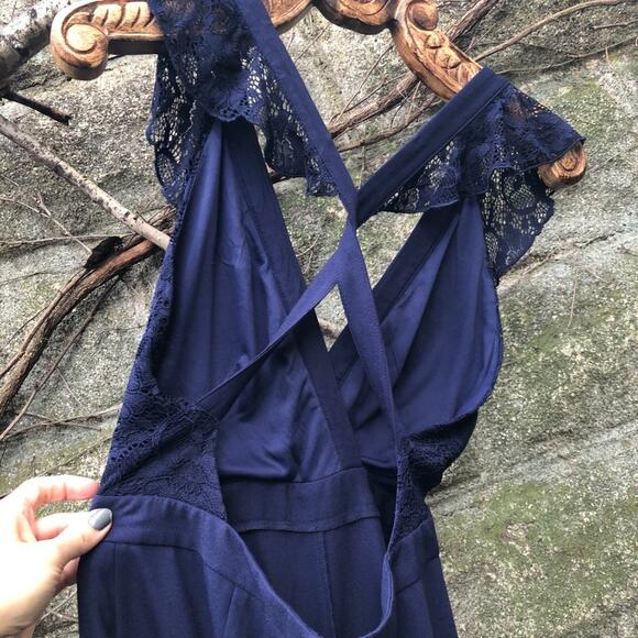 ASOS Twist Back Lace Ruffle Plunging V Neck Wide Leg Jumpsuit Blue 8 NWT - Picture 5 of 10